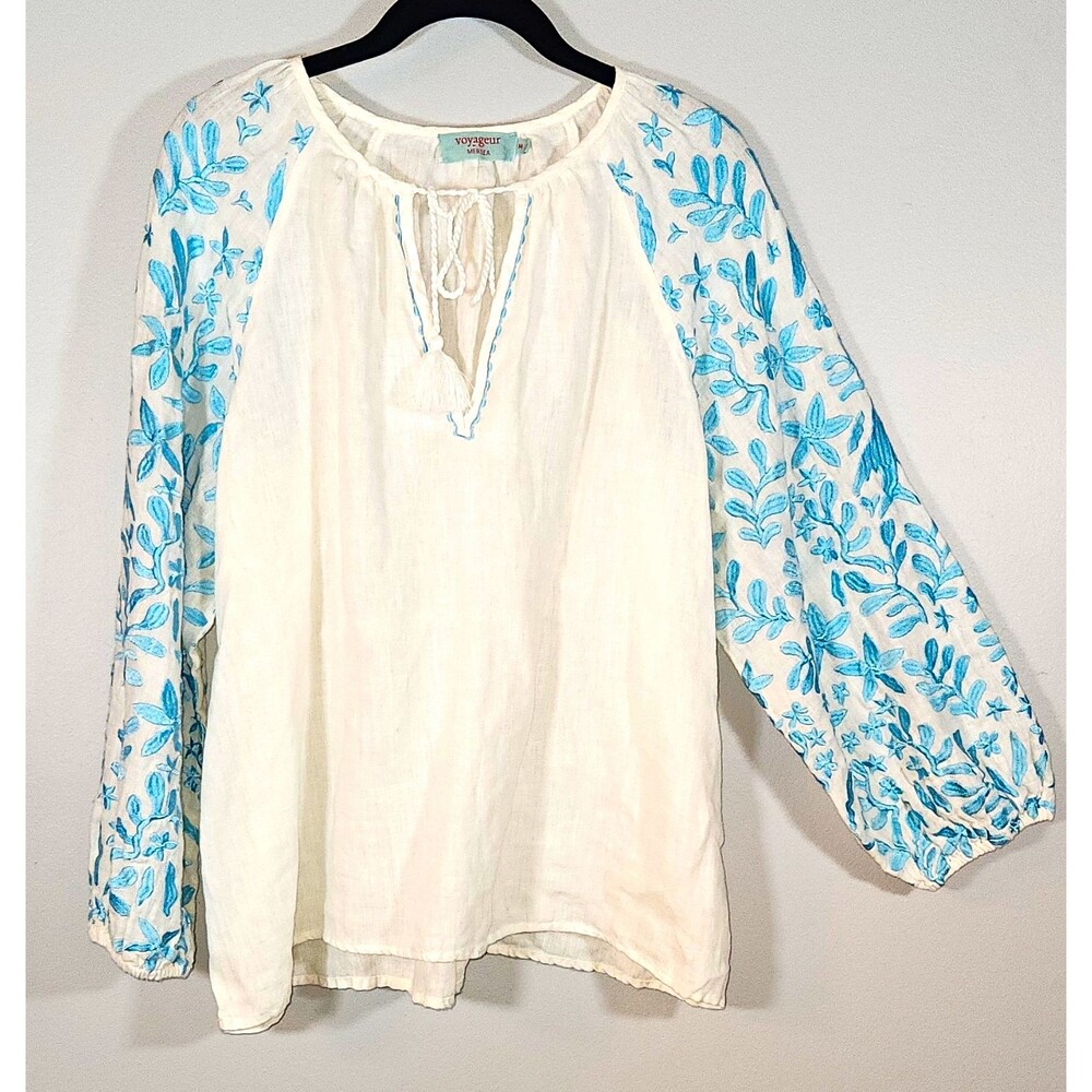 Voyageur Mersea 100% Linen Floral Embroidered Tassel V-Neck Peasant Blouse Med